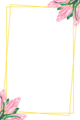 Floral frame with place for text. Golden rectangular frame for decorating delicate pink protea flowers. Floral wedding design. Delicate botanical frame made of protea buds. Wedding design gold