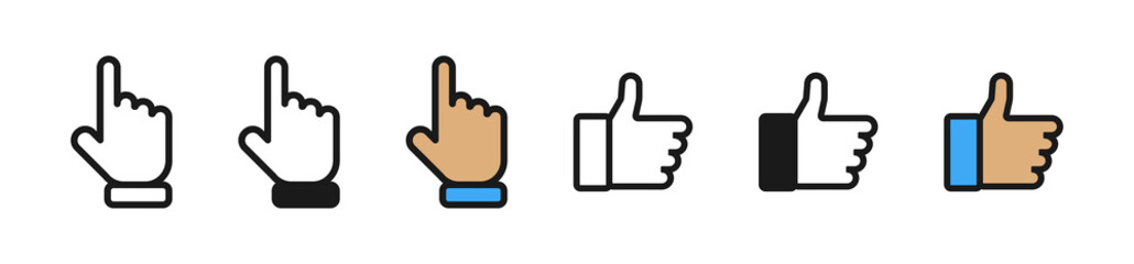 Thumbs up and down with pointing finger. Like and dislike vector icons, isolated. Like or Thumb up and down with pointing finger in linear design. Thumb up. Like. Dislike icon. Vector illustration