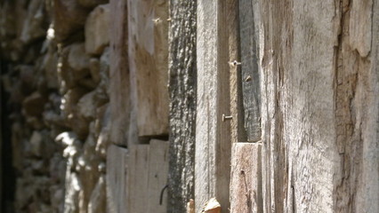 Rows of wooden wall with nail attached