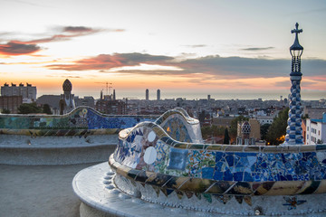 Sunrise in Park Güell, Barcelona, Catalonia, Spain, Gaudi