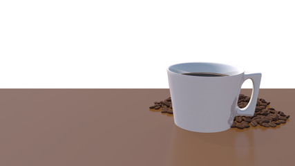Coffee cup and coffee beans on table 3d rendering