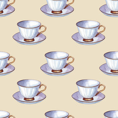 Watercolor pattern, cups, tea, elements. On a  beige background. For printing on posters, banners and for electronic media