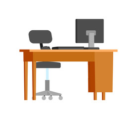 Workplace, wooden table with personal computer vector. Isolated icon of desktop with pc keyboard and mouse, business appliances, devices for work