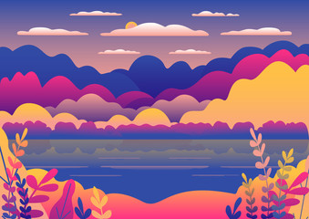 Hills and mountains landscape in flat style design. Valley with blue lake illustration. Beautiful yellow fields, meadow and sky. Rural location in the forest, trees, flowers. Cartoon vector background