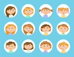 Head of smiling people, kids set of boys and girls in round icons isolated on blue background, children in flat design style, portrait view vector