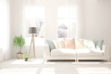 White living room with sofa and winter landscape in window. Scandinavian interior design. 3D illustration