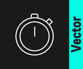 White line Stopwatch icon isolated on black background. Time timer sign. Chronometer sign. Vector Illustration