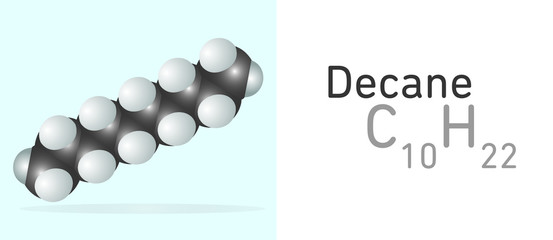 Decane (C10H22) gas molecule. Space filling model. Structural Chemical Formula and Molecule Model. Chemistry Education