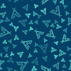 Green line Traditional indian teepee or wigwam icon isolated seamless pattern on blue background. Indian tent. Vector Illustration © Kostiantyn