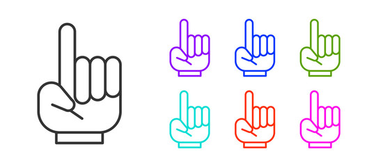 Fototapeta premium Black line Number 1 one fan hand glove with finger raised icon isolated on white background. Symbol of team support in competitions. Set icons colorful. Vector Illustration
