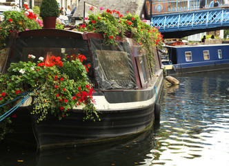 Little Venice water channles with colorful barges, London, UK, Europe