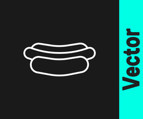 White line Hotdog sandwich icon isolated on black background. Sausage icon. Fast food sign. Vector Illustration