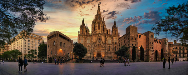 Fototapeta premium Panorama of Cathedral in Barcelona during Coronavirus pandemic. Barcelona.Catalonia,Spain