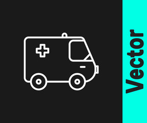 White line Ambulance and emergency car icon isolated on black background. Ambulance vehicle medical evacuation. Vector Illustration