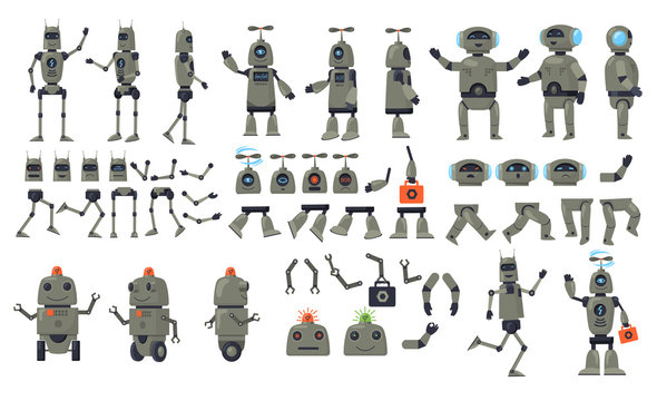 Robot cartoon characters set. Android, humanoid, cyborg, parts, arms. Flat vector illustrations for artificial intelligence, electronic machine learning, robotics concept