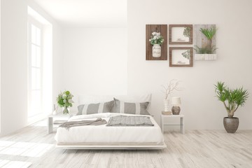 White bedroom interior. Scandinavian design. 3D illustration