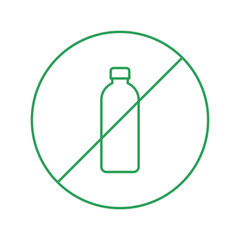 No plastic bottle thin line icon. Plastic bottle ban sign. Say no to plastic concept. Green outline on white background. Reduce plastic pollution. No dumping allowed. Vector illustration, clip art. 