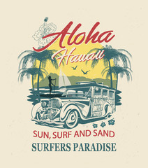 Hawaii typography for t-shirt print with sun,beach and retro Woody Car.Vintage poster.