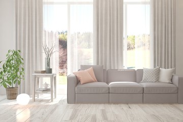 White living room with sofa. Scandinavian interior design. 3D illustration