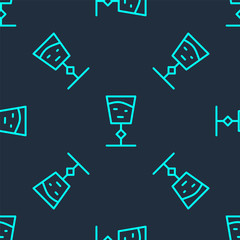 Green line Wine glass icon isolated seamless pattern on blue background. Wineglass sign. Vector Illustration