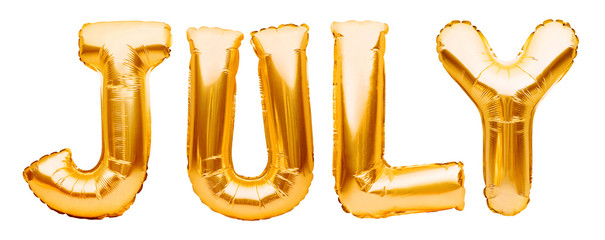 Word JULY made of golden inflatable balloons isolated on white. Helium gold foil balloons forming summer month july word. Months balloon series, celebration, events or important dates concept - obrazy, fototapety, plakaty