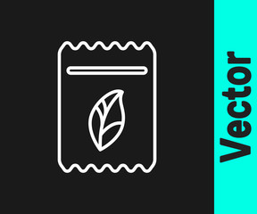 White line Pack full of seeds of a specific plant icon isolated on black background. Vector Illustration