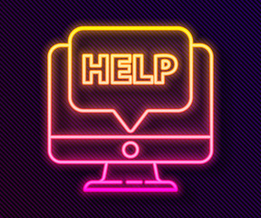 Glowing neon line Computer monitor and help icon isolated on black background. Adjusting, service, setting, maintenance, repair, fixing. Vector Illustration