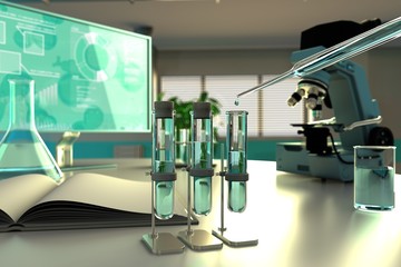 potable water quality test for viruses like coronavirus concept - laboratory test-tubes in chemical university clinic, medical 3D illustration