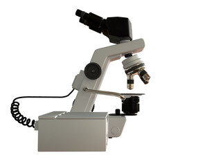lab microscope and control block with fictive design isolated on white - realistic medical 3d illustration, biology research concept