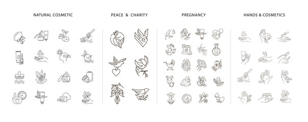 Vector icon and logo for pegnancy and gynecology, peace and charity, natural cosmetics. Editable outline stroke size. Line flat contour, thin and linear design. Simple icons. Sign, symbol