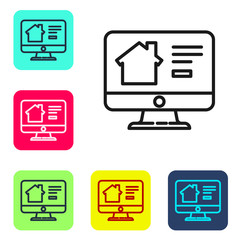 Black line Online real estate house on monitor icon isolated on white background. Home loan concept, rent, buy, buying a property. Set icons in color square buttons. Vector Illustration