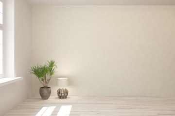 Fototapeta na wymiar White empty room with green home plant and handmade lamp. Scandinavian interior design. 3D illustration