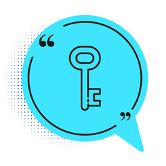 Black line House key icon isolated on white background. Blue speech bubble symbol. Vector Illustration