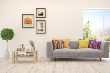 White living room with sofa. Scandinavian interior design. 3D illustration