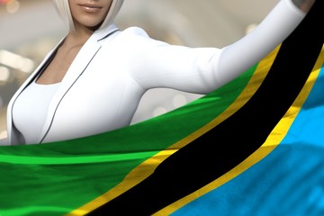 Fototapeta na wymiar young business woman holds Tanzania flag in front on the mall background - flag concept 3d illustration