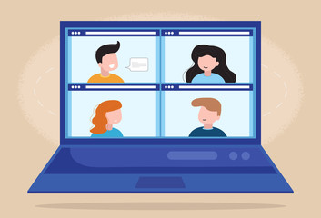 Concept social networking, web, online meetings. Video conference illustration. Group of people talking by internet. Stream, web chatting, online meeting friends.