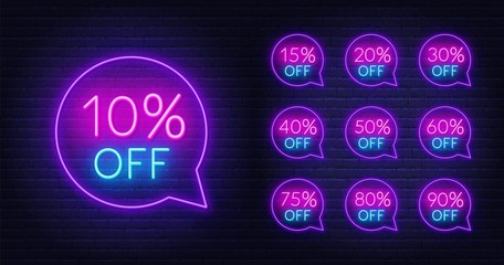 10, 15, 20, 30,40 50, 60, 75 80, 90 percent off. Neon discount light signs on a dark background