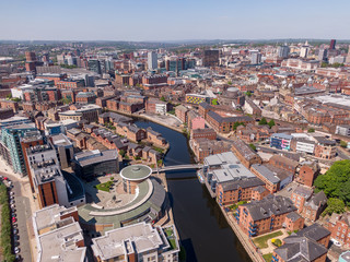 Aerial view of Leeds City Centre with river in view