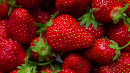 First strawberry of the year with green leaves. May, Spring. Background. Macro shooting, closeup