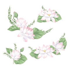 Naklejka na ściany i meble Set of digital clipart flowers and bouquets of lotus and seaweed