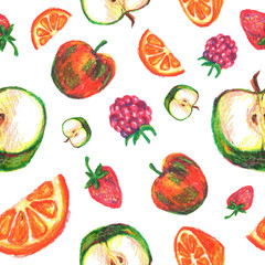 Seamless pattern with bright and juicy fruits apple, orange, raspberries and strawberries painted with oil pastel.