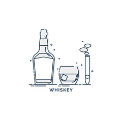 Bottle of whiskey glass with ice and a burning cigar. Set of alcoholic drink and a relaxing smoking object. Isolated flat illustration on white background. Line art design for restaurant and pub