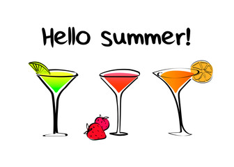 A set of three cocktails with the words hello summer. Colorful drinks with fruit in doodle style . Vector stock illustration isolated on a white background