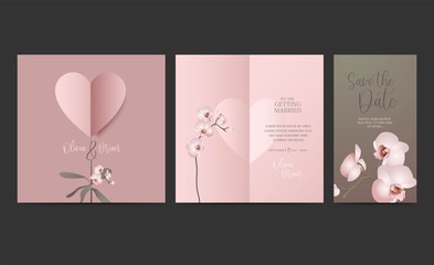 Wedding invitation design set. Ivy, leaves and names in the heart. Pink orchid flower. Wedding, invitation, celebration, event.