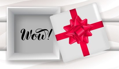 Wow! lettering. Vector stock illustration with open gift box for poster or banner