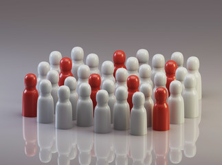 Abstract crowd of people, red people - infected among us. Virus concept. 3d illustration