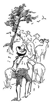 Boy Herding Goats, vintage illustration