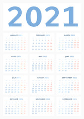 Wall calendar template for 2021 in a classic minimalist style. Week starts on Monday. Business illustration. Monthly calendar. A1 format vertical. Ready to print