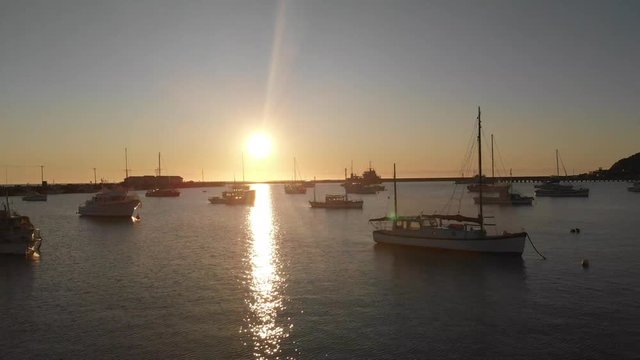 Aerial shot of fishing boat and bird during sunrise at Friendly bay, Oamaru, New Zealand.Orange sky sunset paradise beach.