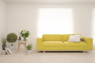 White living room with sofa. Scandinavian interior design. 3D illustration